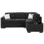 Ausziehbares Schlafsofa, L-förmiges Ecksofa mit Nagelbesatz, Lounge-Sofa mit Stauraum-Ottomane und USB-Anschlüssen, Getränkehalter, Schwarz