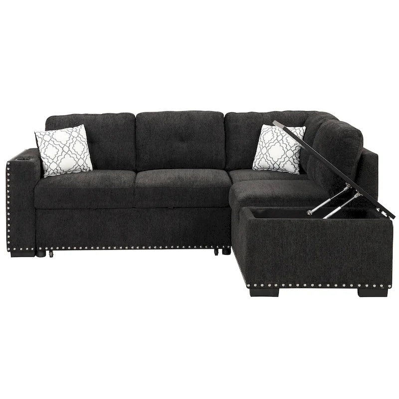 Ausziehbares Schlafsofa, L-förmiges Ecksofa mit Nagelbesatz, Lounge-Sofa mit Stauraum-Ottomane und USB-Anschlüssen, Getränkehalter, Schwarz