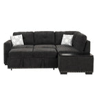Ausziehbares Schlafsofa, L-förmiges Ecksofa mit Nagelbesatz, Lounge-Sofa mit Stauraum-Ottomane und USB-Anschlüssen, Getränkehalter, Schwarz