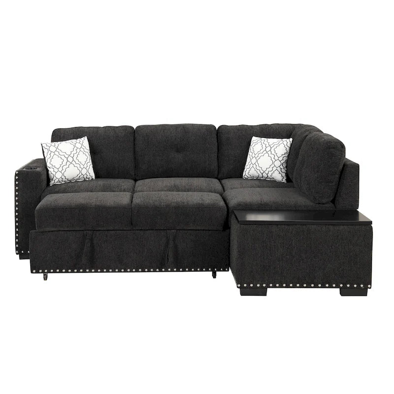 Ausziehbares Schlafsofa, L-förmiges Ecksofa mit Nagelbesatz, Lounge-Sofa mit Stauraum-Ottomane und USB-Anschlüssen, Getränkehalter, Schwarz