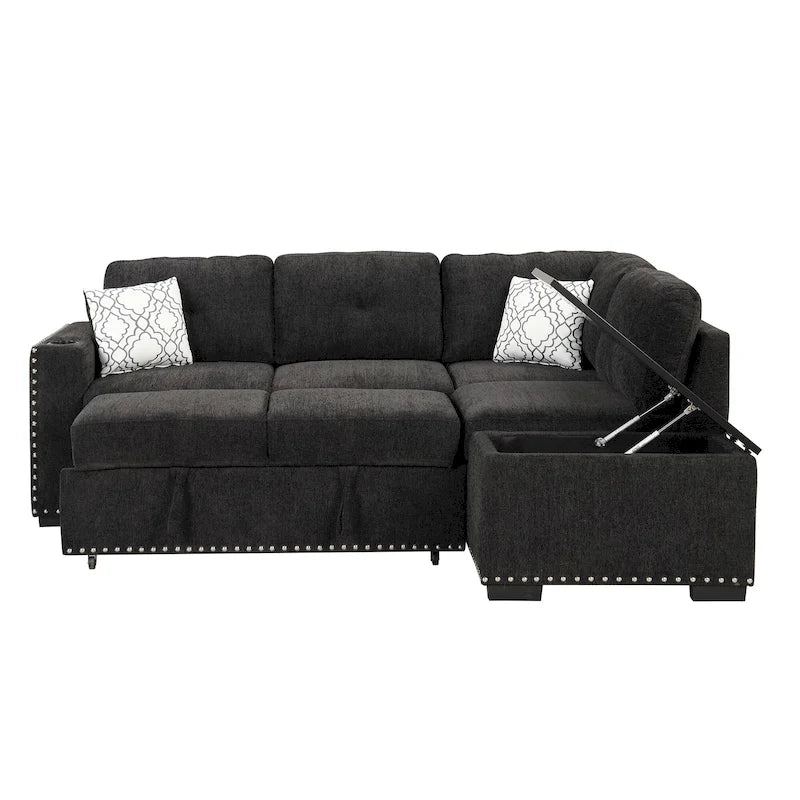 Ausziehbares Schlafsofa, L-förmiges Ecksofa mit Nagelbesatz, Lounge-Sofa mit Stauraum-Ottomane und USB-Anschlüssen, Getränkehalter, Schwarz
