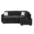 Ausziehbares Schlafsofa, L-förmiges Ecksofa mit Nagelbesatz, Lounge-Sofa mit Stauraum-Ottomane und USB-Anschlüssen, Getränkehalter, Schwarz