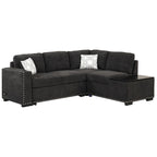 Ausziehbares Schlafsofa, L-förmiges Ecksofa mit Nagelbesatz, Lounge-Sofa mit Stauraum-Ottomane und USB-Anschlüssen, Getränkehalter, Schwarz