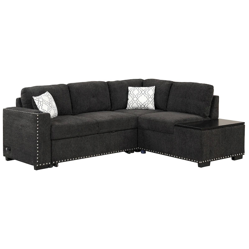 Ausziehbares Schlafsofa, L-förmiges Ecksofa mit Nagelbesatz, Lounge-Sofa mit Stauraum-Ottomane und USB-Anschlüssen, Getränkehalter, Schwarz