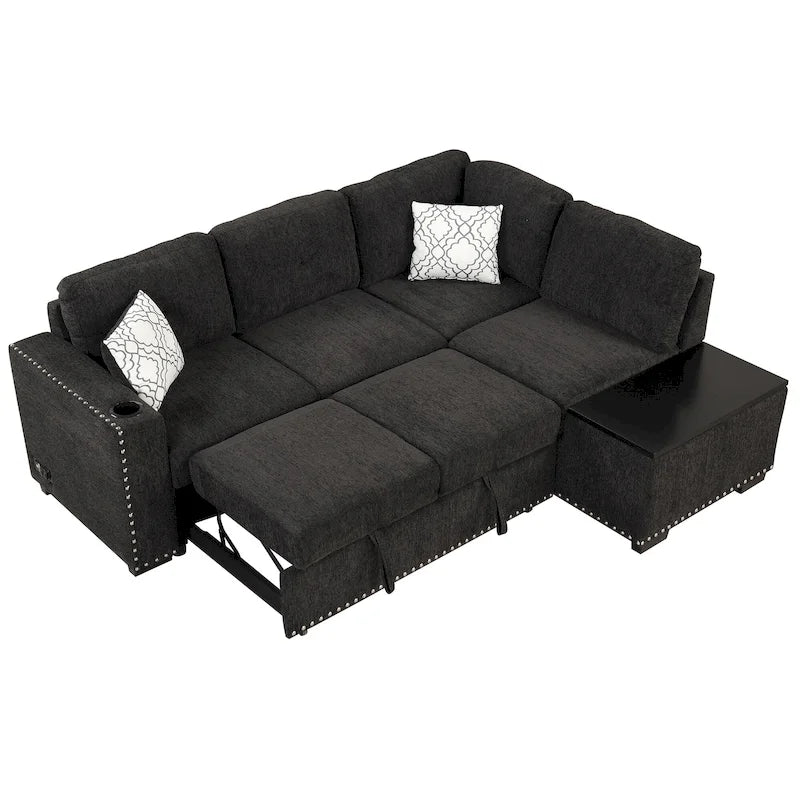 Ausziehbares Schlafsofa, L-förmiges Ecksofa mit Nagelbesatz, Lounge-Sofa mit Stauraum-Ottomane und USB-Anschlüssen, Getränkehalter, Schwarz