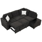 Ausziehbares Schlafsofa, L-förmiges Ecksofa mit Nagelbesatz, Lounge-Sofa mit Stauraum-Ottomane und USB-Anschlüssen, Getränkehalter, Schwarz