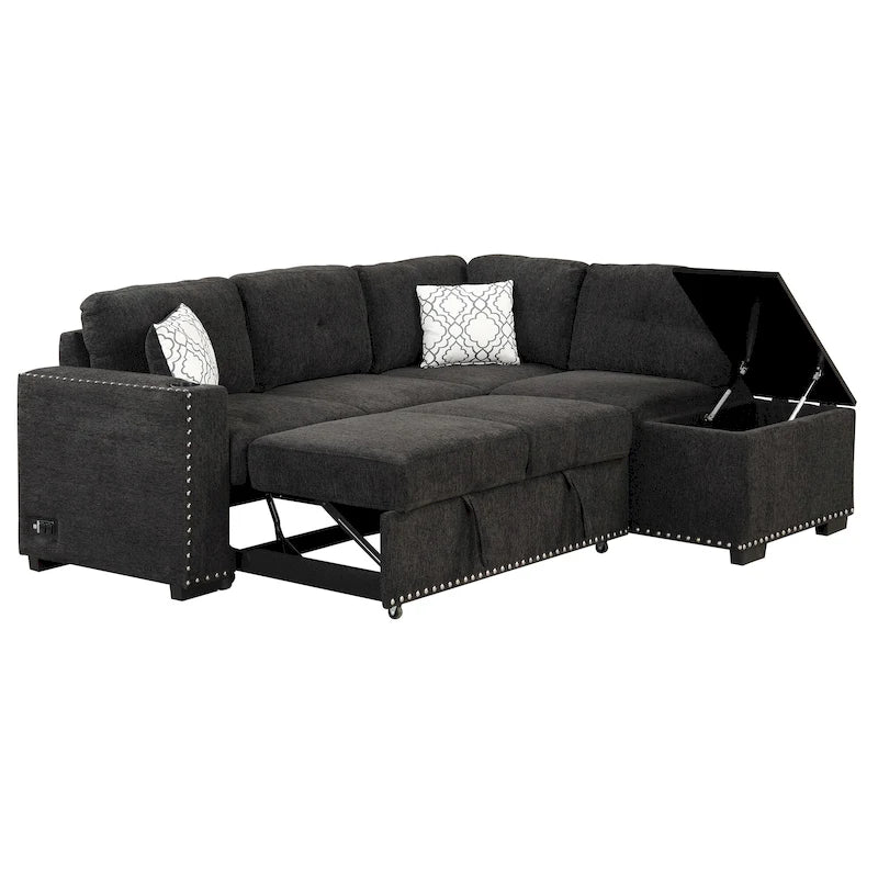Ausziehbares Schlafsofa, L-förmiges Ecksofa mit Nagelbesatz, Lounge-Sofa mit Stauraum-Ottomane und USB-Anschlüssen, Getränkehalter, Schwarz