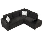 Ausziehbares Schlafsofa, L-förmiges Ecksofa mit Nagelbesatz, Lounge-Sofa mit Stauraum-Ottomane und USB-Anschlüssen, Getränkehalter, Schwarz