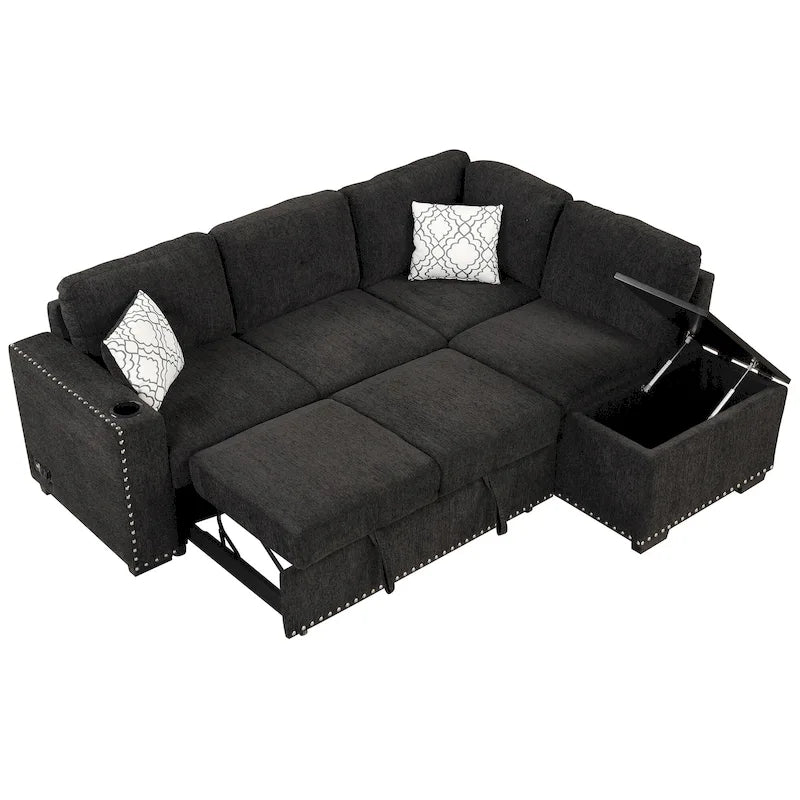 Ausziehbares Schlafsofa, L-förmiges Ecksofa mit Nagelbesatz, Lounge-Sofa mit Stauraum-Ottomane und USB-Anschlüssen, Getränkehalter, Schwarz