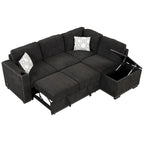 Ausziehbares Schlafsofa, L-förmiges Ecksofa mit Nagelbesatz, Lounge-Sofa mit Stauraum-Ottomane und USB-Anschlüssen, Getränkehalter, Schwarz