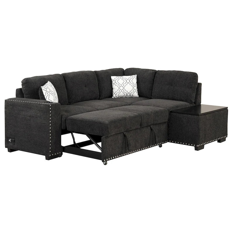 Ausziehbares Schlafsofa, L-förmiges Ecksofa mit Nagelbesatz, Lounge-Sofa mit Stauraum-Ottomane und USB-Anschlüssen, Getränkehalter, Schwarz