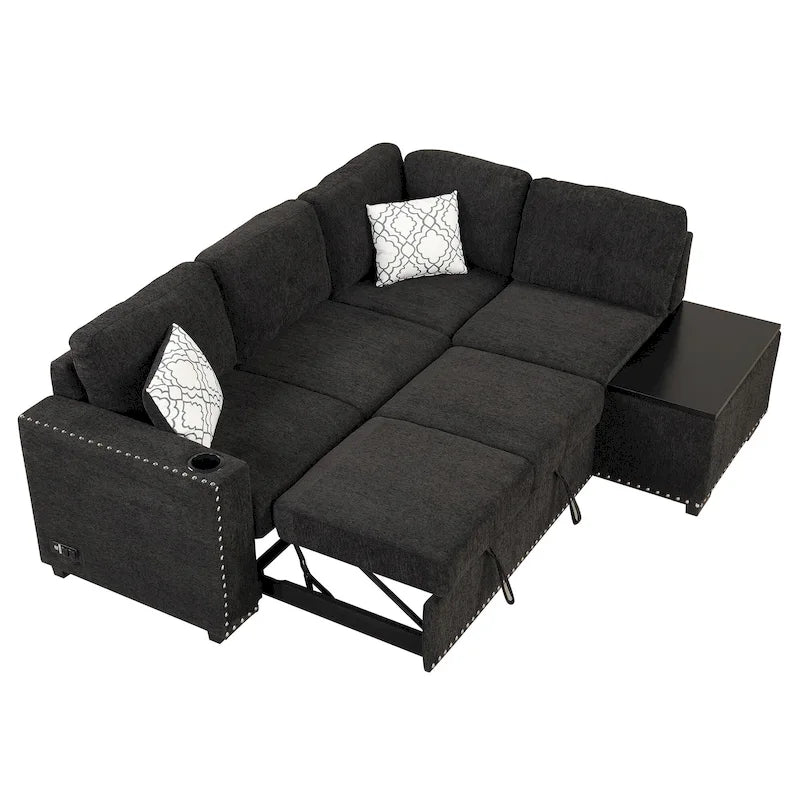 Ausziehbares Schlafsofa, L-förmiges Ecksofa mit Nagelbesatz, Lounge-Sofa mit Stauraum-Ottomane und USB-Anschlüssen, Getränkehalter, Schwarz