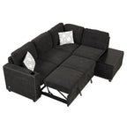 Ausziehbares Schlafsofa, L-förmiges Ecksofa mit Nagelbesatz, Lounge-Sofa mit Stauraum-Ottomane und USB-Anschlüssen, Getränkehalter, Schwarz