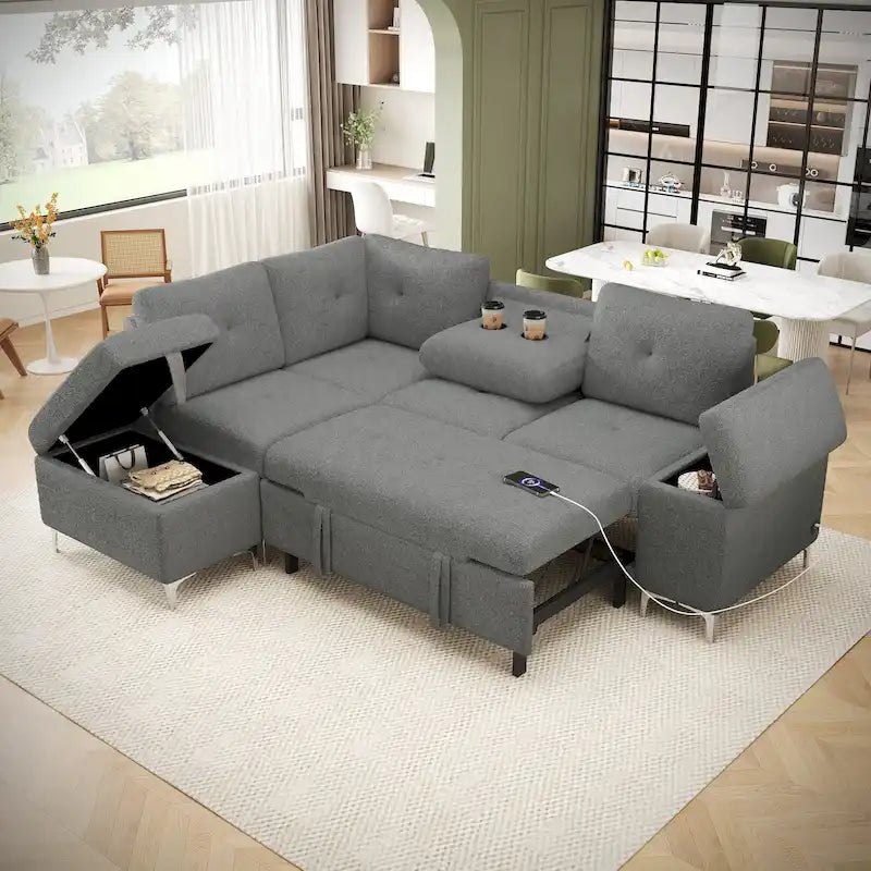 Upholstered L-Shaped Sleeper Sectional Sofa with Storage Space, 2 Cup Holders and 2 USB Ports Pull-out Sofa Bed