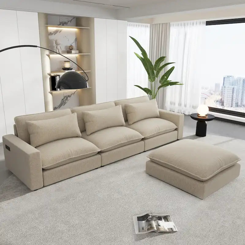 Schnittsofa Cloud Sofa, Chenille Polster-Sofa Couch mit beweglichem Ottomanen, Ladeanschlüssen und 3 Rückenkissen