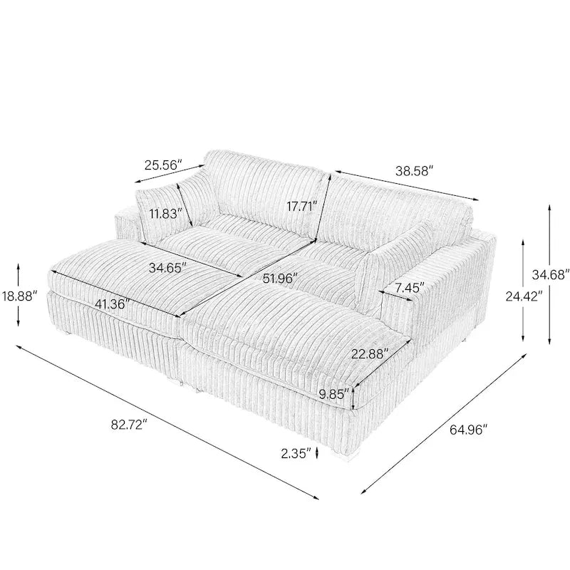 82 Zoll breites modulares Schnittsofa aus Plüsch-Kordsamt mit Récamiere