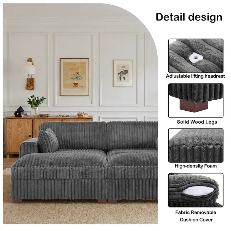 82 Zoll breites modulares Schnittsofa aus Plüsch-Kordsamt mit Récamiere