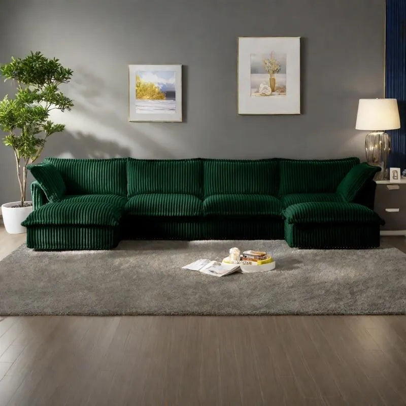 156,6 Corduroy U-förmiges 4-Sitzer Ecksofa mit abnehmbarem Bezug, tiefem Sitzdesign und französischer Kantenverarbeitung