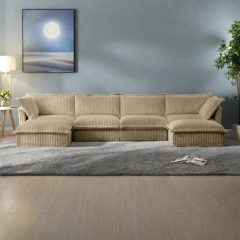 156,6 Corduroy U-förmiges 4-Sitzer Ecksofa mit abnehmbarem Bezug, tiefem Sitzdesign und französischer Kantenverarbeitung