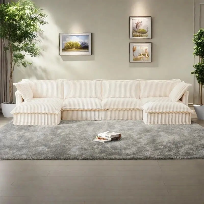 156,6 Corduroy U-förmiges 4-Sitzer Ecksofa mit abnehmbarem Bezug, tiefem Sitzdesign und französischer Kantenverarbeitung