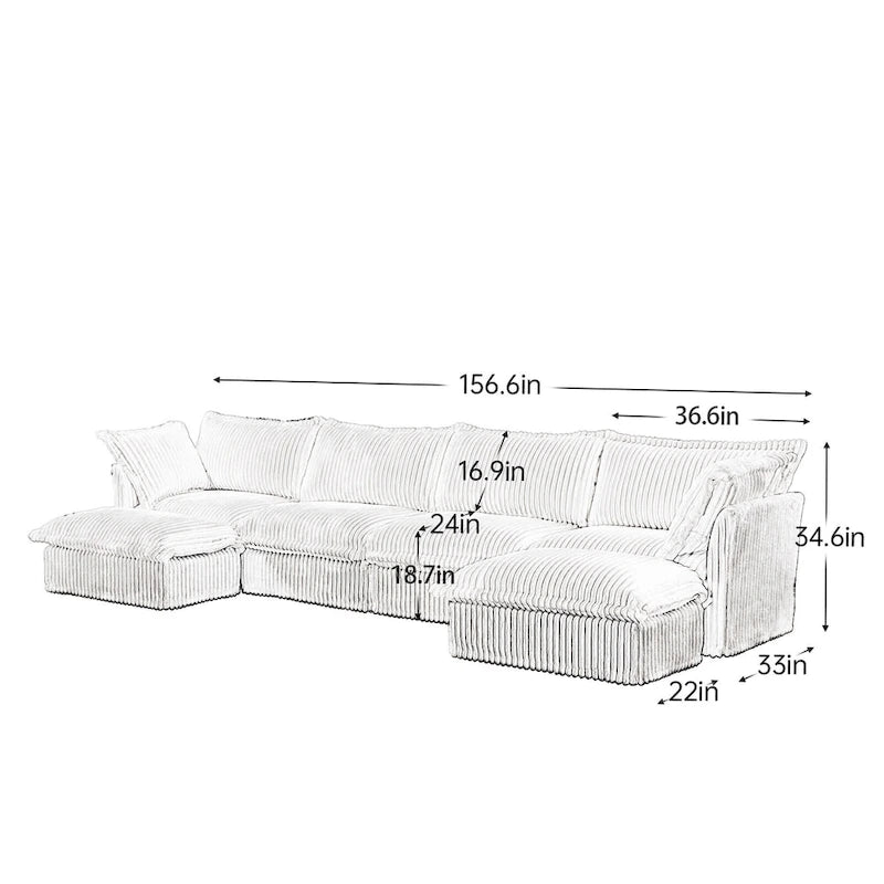 156,6 Corduroy U-förmiges 4-Sitzer Ecksofa mit abnehmbarem Bezug, tiefem Sitzdesign und französischer Kantenverarbeitung