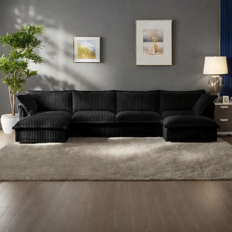 156,6 Corduroy U-förmiges 4-Sitzer Ecksofa mit abnehmbarem Bezug, tiefem Sitzdesign und französischer Kantenverarbeitung