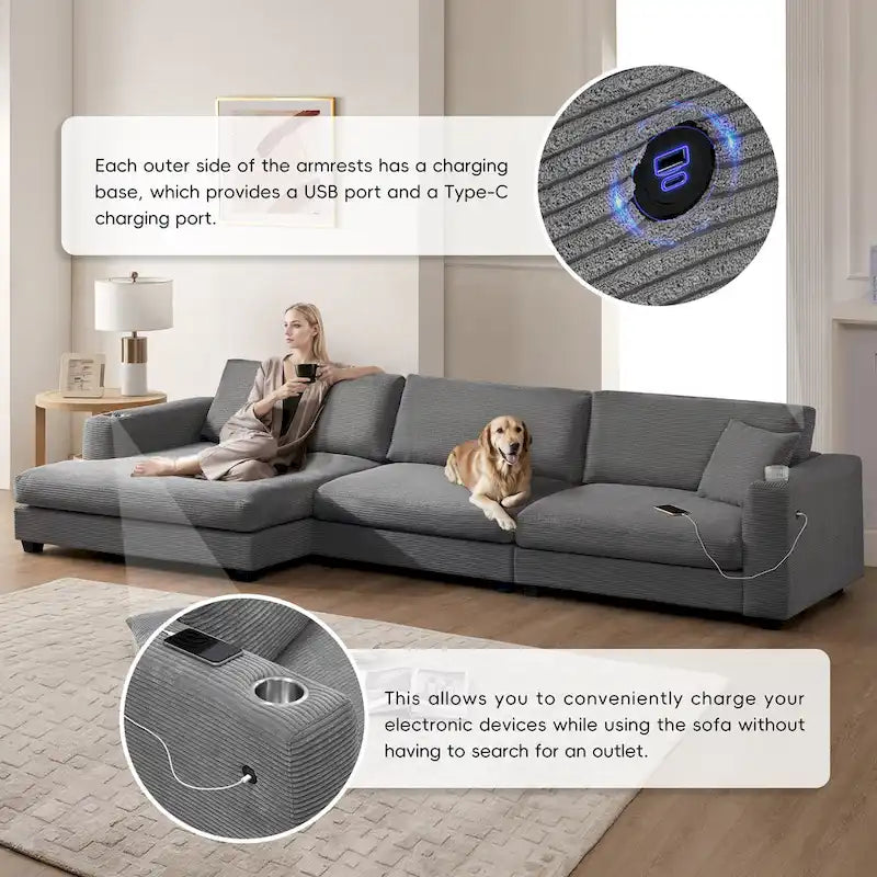 134 Cord-Sitzgruppe mit L-förmigem Cloud-Sofa und USB-Ladeanschluss & 50 Recamiere (Tragfähigkeit 330 lb)