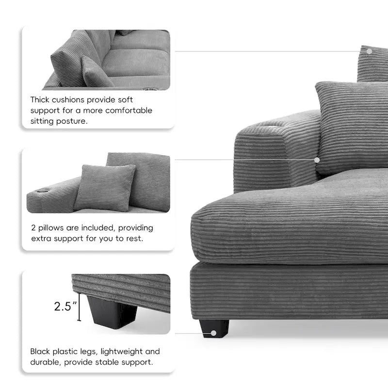 134 Cord-Sitzgruppe mit L-förmigem Cloud-Sofa und USB-Ladeanschluss & 50 Recamiere (Tragfähigkeit 330 lb)