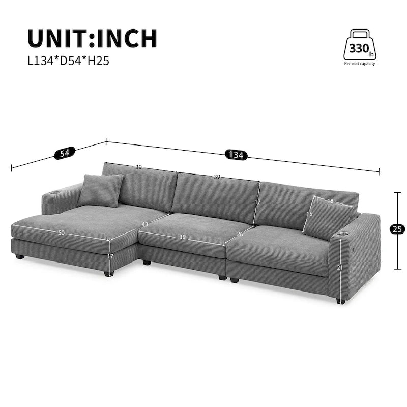 134 Cord-Sitzgruppe mit L-förmigem Cloud-Sofa und USB-Ladeanschluss & 50 Recamiere (Tragfähigkeit 330 lb)