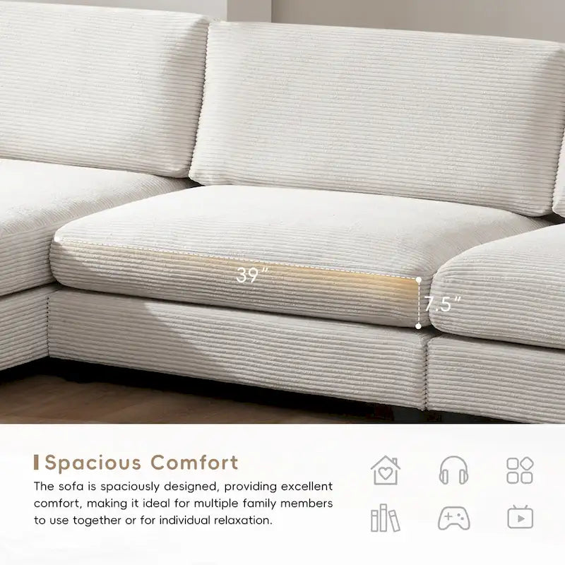 134 Cord-Sitzgruppe mit L-förmigem Cloud-Sofa und USB-Ladeanschluss & 50 Recamiere (Tragfähigkeit 330 lb)