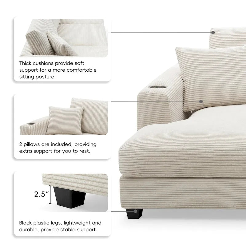 134 Cord-Sitzgruppe mit L-förmigem Cloud-Sofa und USB-Ladeanschluss & 50 Recamiere (Tragfähigkeit 330 lb)