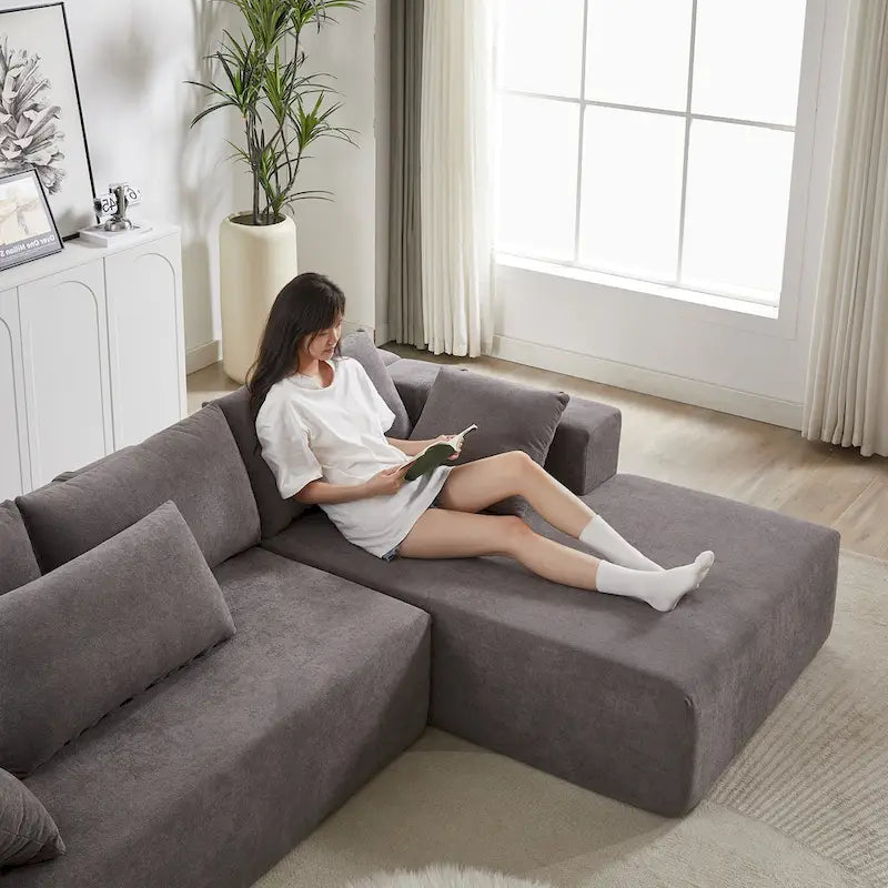 108 Chenille Modulares L-förmiges Ecksofa mit 6 Kissen, umbaubare Récamiere