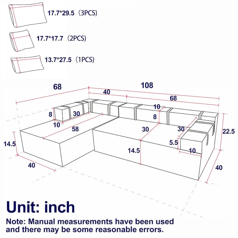 108 Chenille Modulares L-förmiges Ecksofa mit 6 Kissen, umbaubare Récamiere