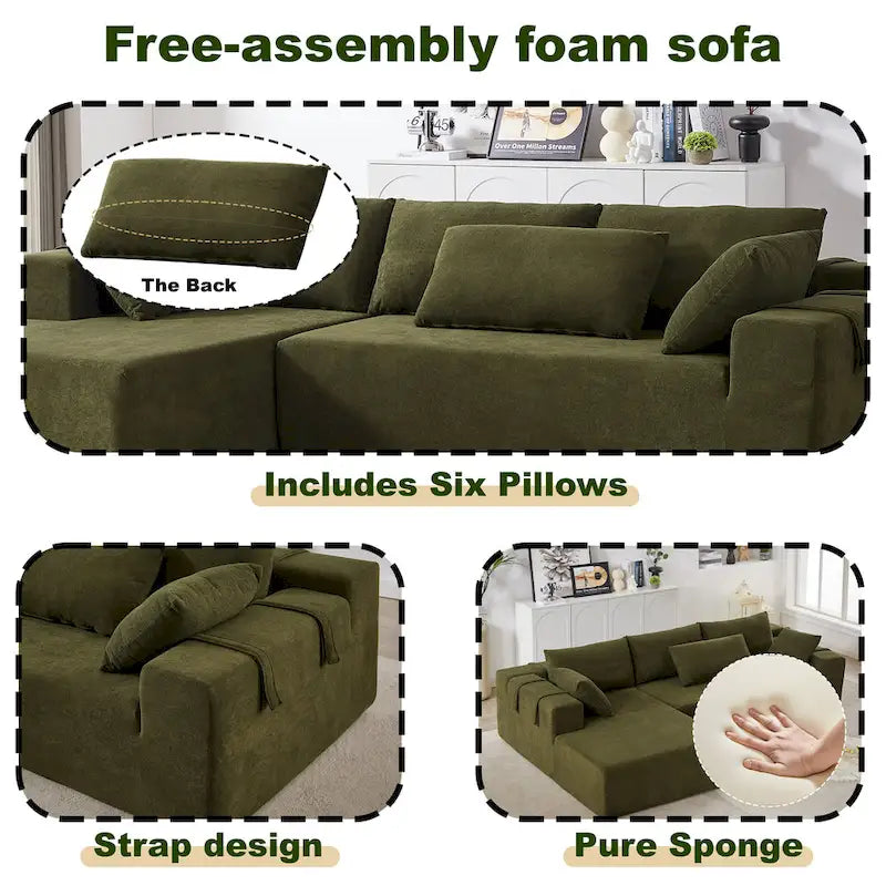 108 Chenille Modulares L-förmiges Ecksofa mit 6 Kissen, umbaubare Récamiere