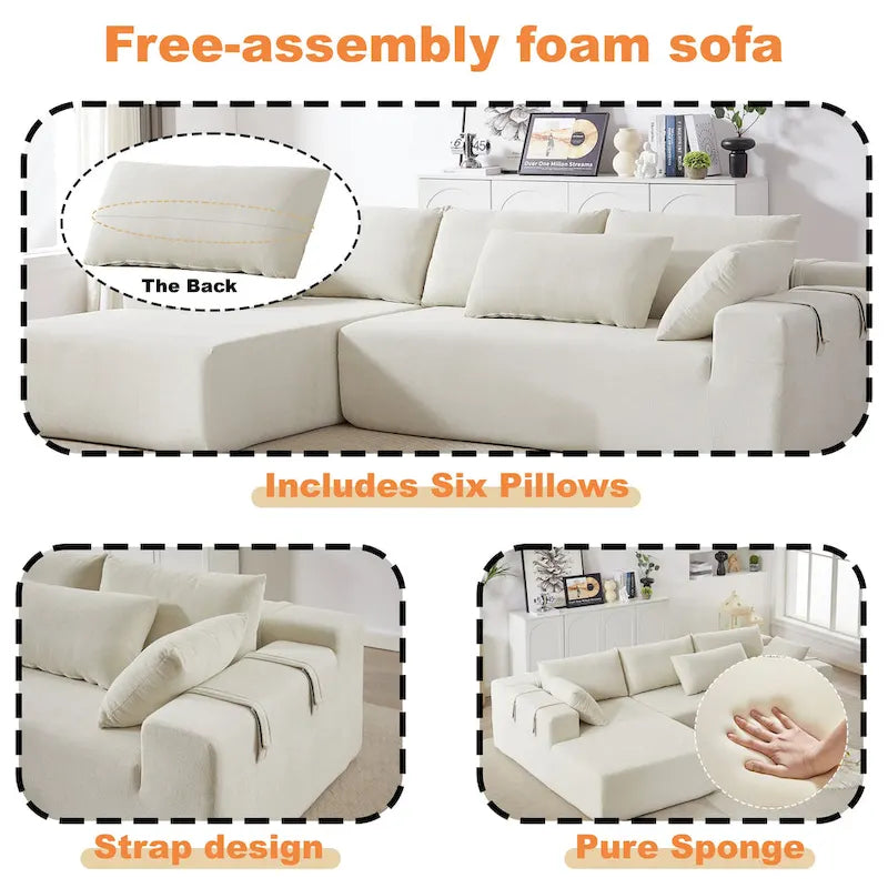 108 Chenille Modulares L-förmiges Ecksofa mit 6 Kissen, umbaubare Récamiere