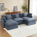 Modulares Sofa, gepolstertes Cord-L-förmiges Sektionssofa mit seitlichen Aufbewahrungstaschen und beweglichem Ottoman