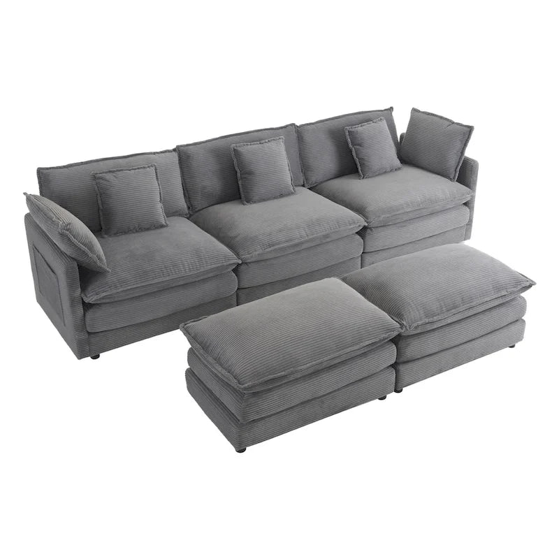 Modulares Sofa, gepolstertes Cord-L-förmiges Sektionssofa mit seitlichen Aufbewahrungstaschen und beweglichem Ottoman