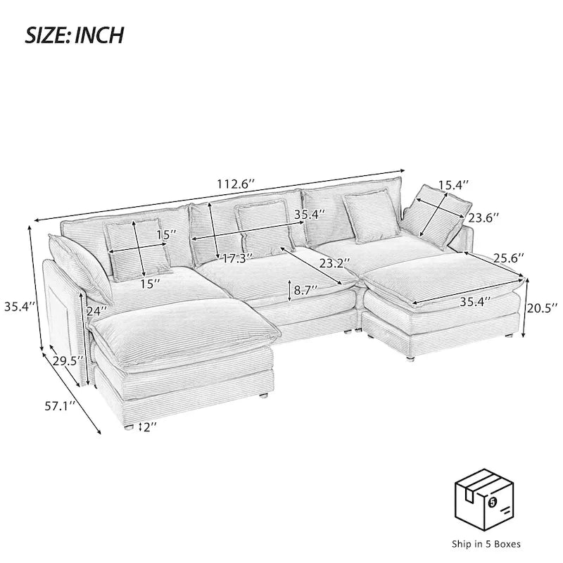 Modulares Sofa, gepolstertes Cord-L-förmiges Sektionssofa mit seitlichen Aufbewahrungstaschen und beweglichem Ottoman