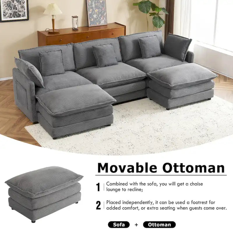 Modulares Sofa, gepolstertes Cord-L-förmiges Sektionssofa mit seitlichen Aufbewahrungstaschen und beweglichem Ottoman