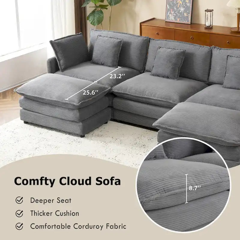 Modulares Sofa, gepolstertes Cord-L-förmiges Sektionssofa mit seitlichen Aufbewahrungstaschen und beweglichem Ottoman