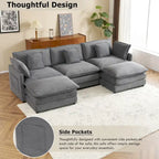 Modulares Sofa, gepolstertes Cord-L-förmiges Sektionssofa mit seitlichen Aufbewahrungstaschen und beweglichem Ottoman