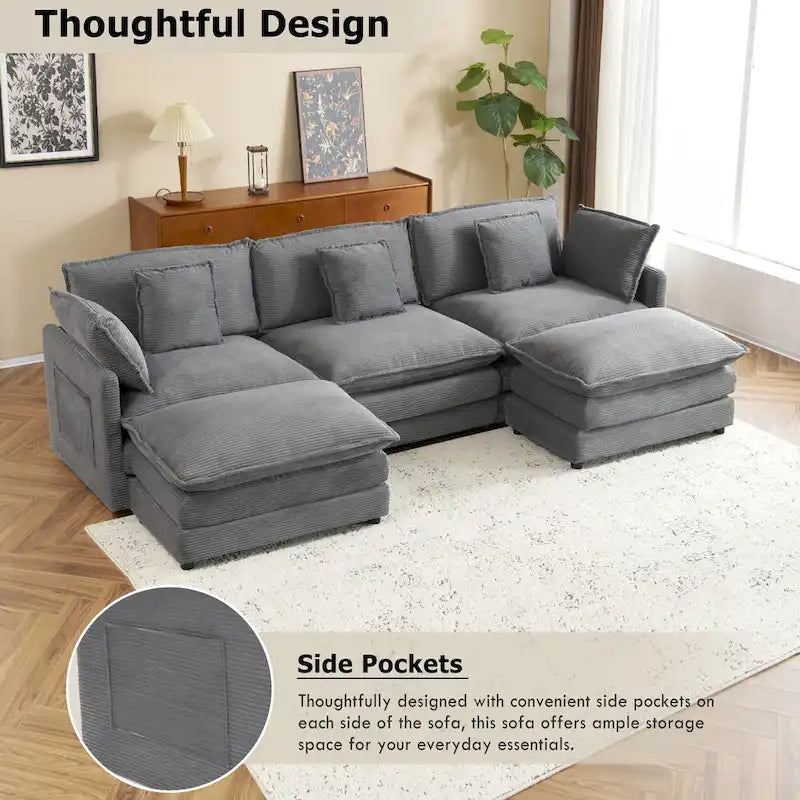 Modulares Sofa, gepolstertes Cord-L-förmiges Sektionssofa mit seitlichen Aufbewahrungstaschen und beweglichem Ottoman