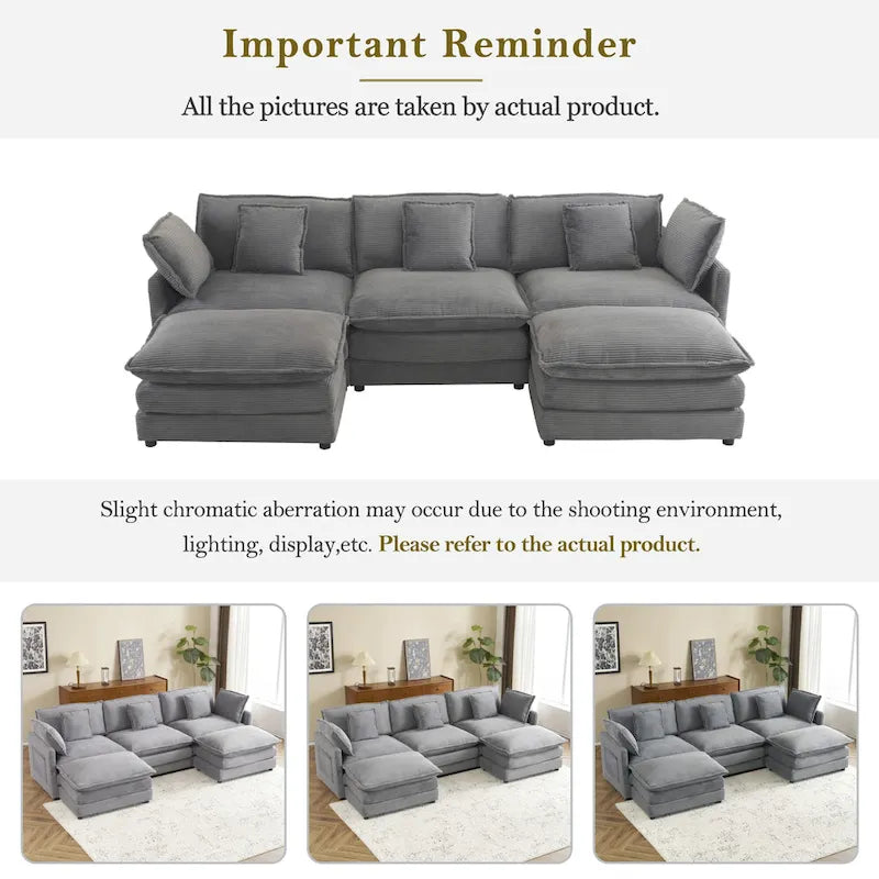 Modulares Sofa, gepolstertes Cord-L-förmiges Sektionssofa mit seitlichen Aufbewahrungstaschen und beweglichem Ottoman