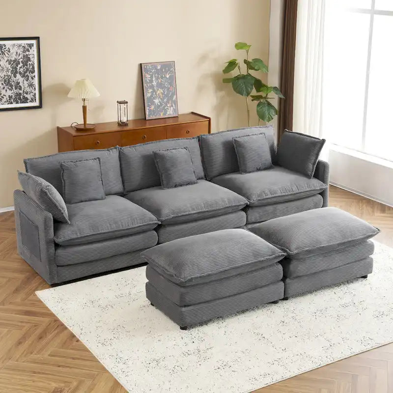 Modulares Sofa, gepolstertes Cord-L-förmiges Sektionssofa mit seitlichen Aufbewahrungstaschen und beweglichem Ottoman
