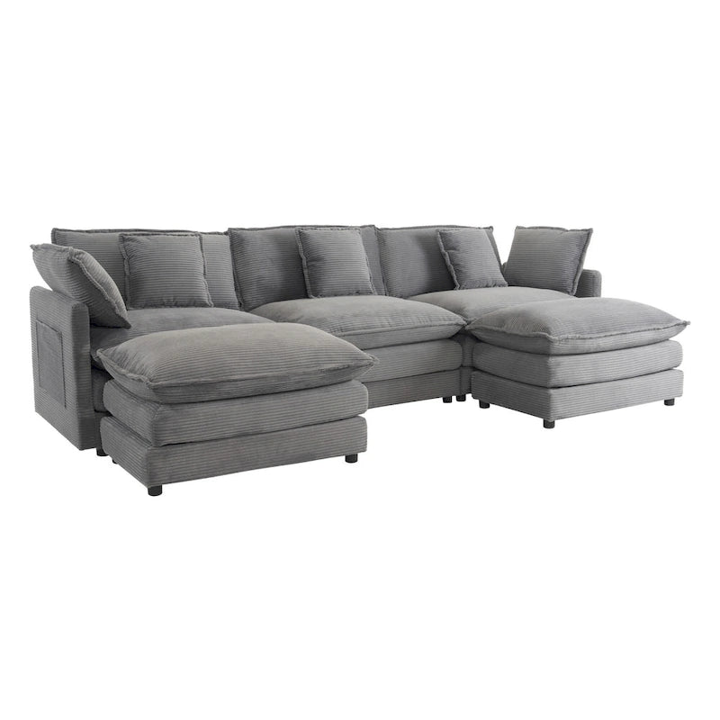 Modulares Sofa, gepolstertes Cord-L-förmiges Sektionssofa mit seitlichen Aufbewahrungstaschen und beweglichem Ottoman