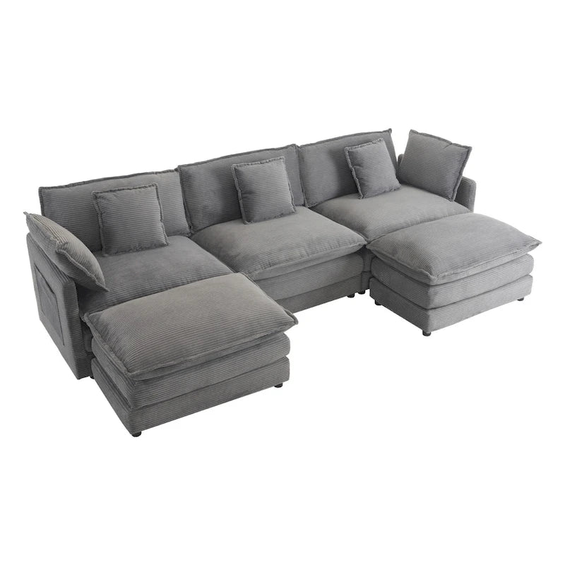 Modulares Sofa, gepolstertes Cord-L-förmiges Sektionssofa mit seitlichen Aufbewahrungstaschen und beweglichem Ottoman
