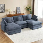 Modulares Sofa, gepolstertes Cord-L-förmiges Sektionssofa mit seitlichen Aufbewahrungstaschen und beweglichem Ottoman