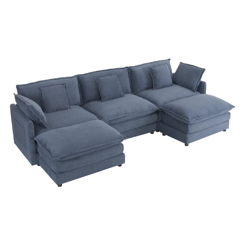 Modulares Sofa, gepolstertes Cord-L-förmiges Sektionssofa mit seitlichen Aufbewahrungstaschen und beweglichem Ottoman