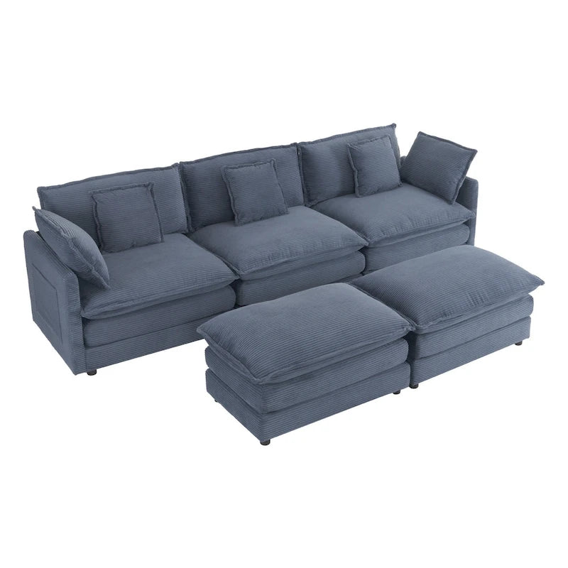 Modulares Sofa, gepolstertes Cord-L-förmiges Sektionssofa mit seitlichen Aufbewahrungstaschen und beweglichem Ottoman