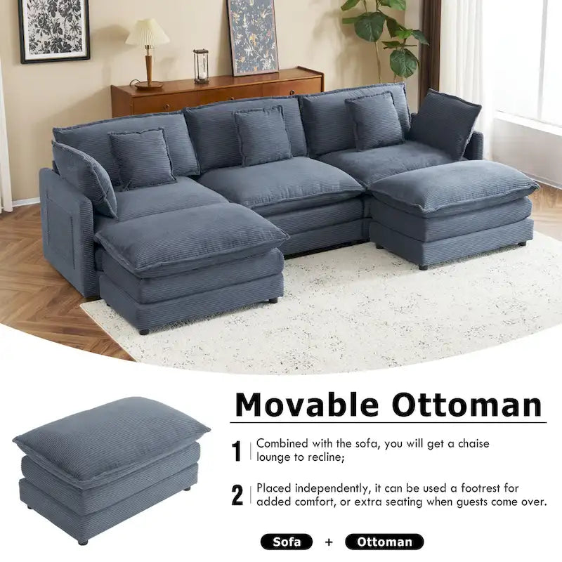Modulares Sofa, gepolstertes Cord-L-förmiges Sektionssofa mit seitlichen Aufbewahrungstaschen und beweglichem Ottoman